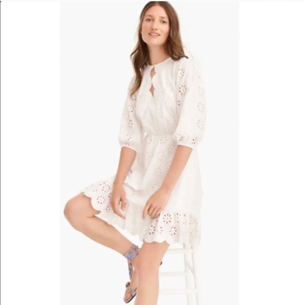 J. Crew Eyelet Ruffle Scalloped White Dress Tie